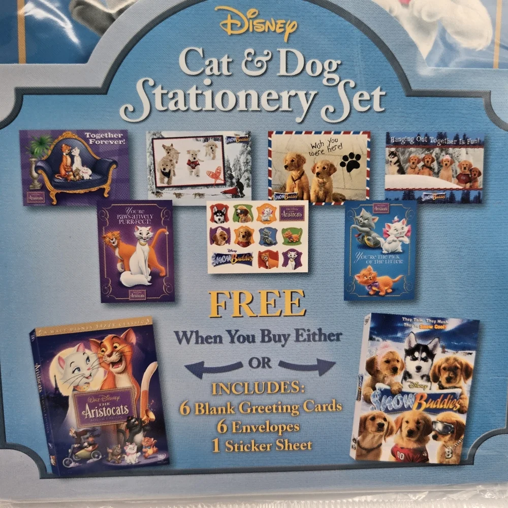 Bundle Of 3 Disney Cat & Dog Stationary Cards Sticker Aristocats Snow Buddies